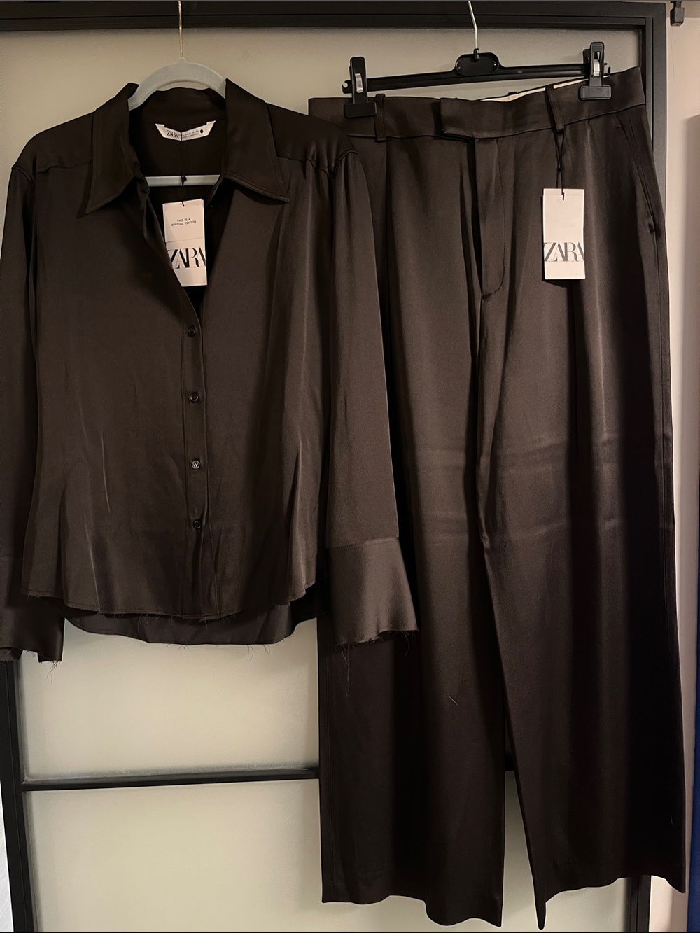 Zara Black Satin Wide-Leg Pants with Matching Button-Up Shirt